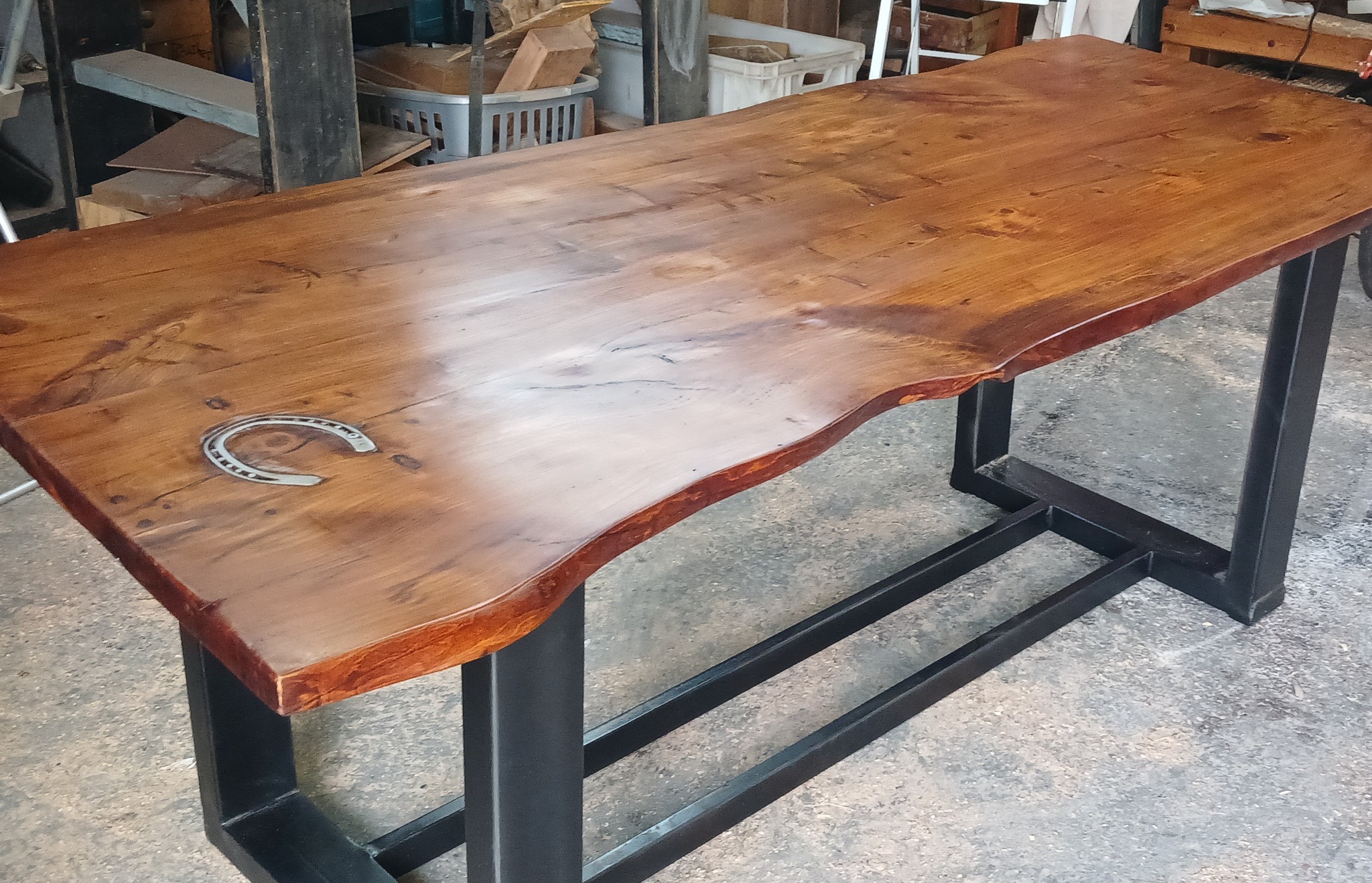 Table restored to almost new, with a horse shoe inlay to stop a large crack t...