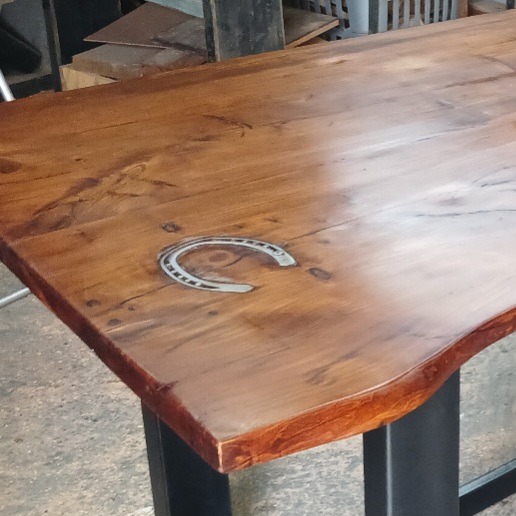 Table restored to almost new, with a horse shoe inlay to stop a large crack t... — Image 2