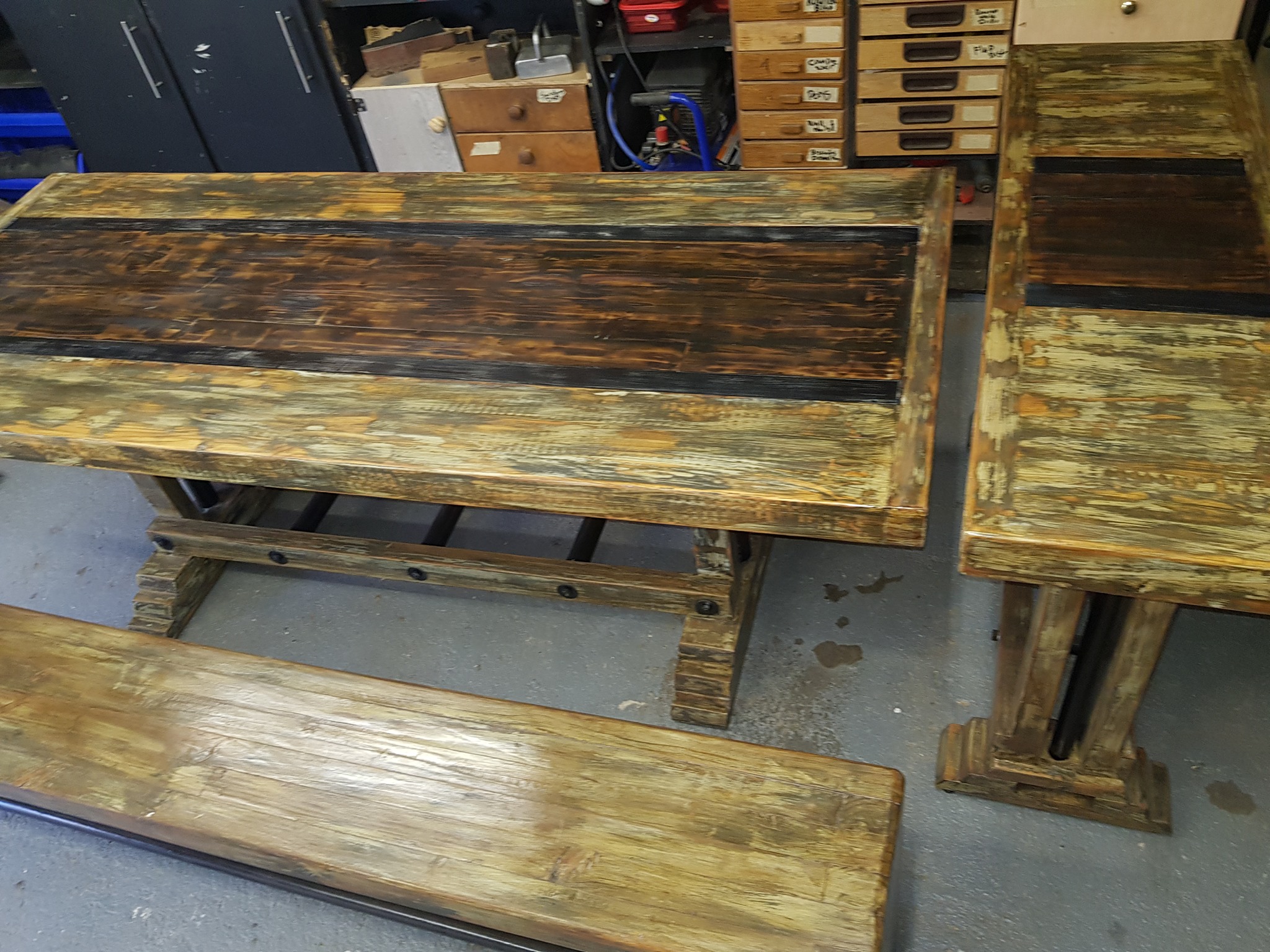 8 seater solid wood table with matching bench and serving table made from rec...