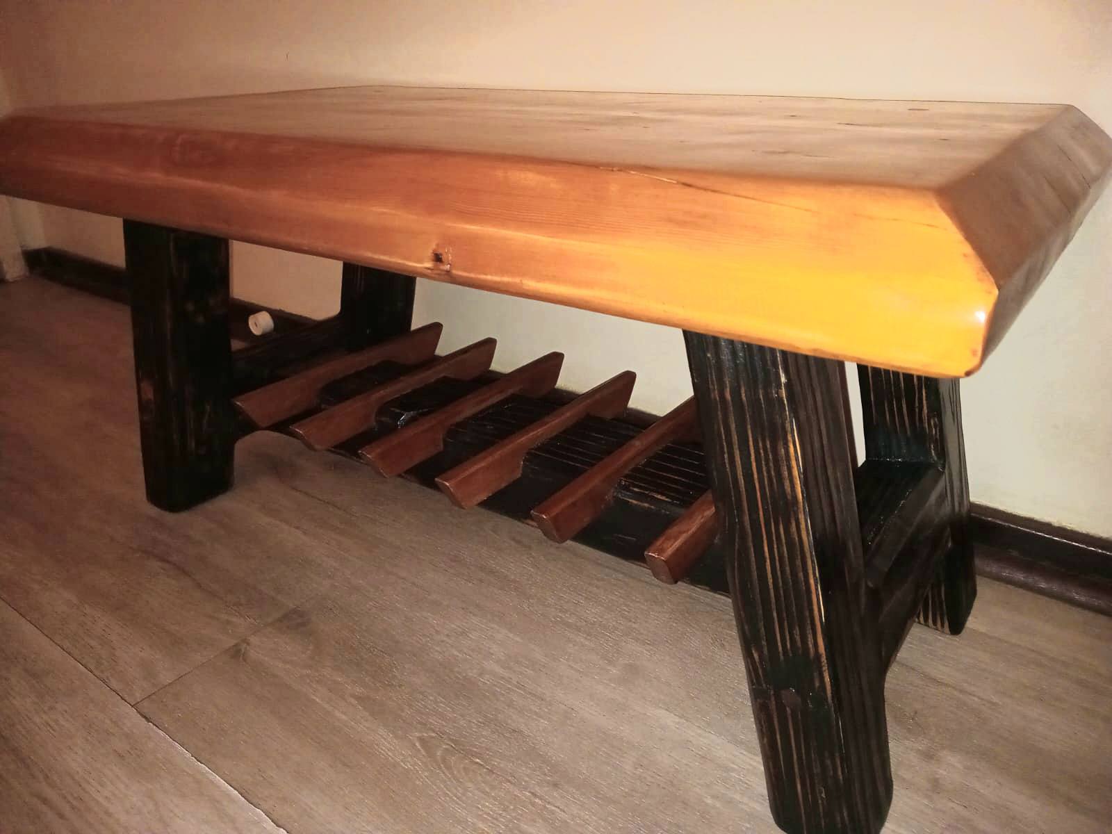 Beautiful Oregon Pine coffee table with ebonised base