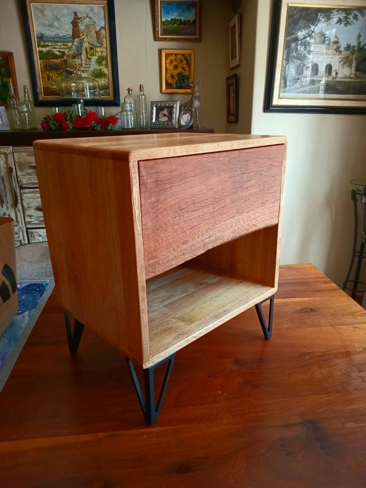 Bedside tables with clean lines and live edge drawers