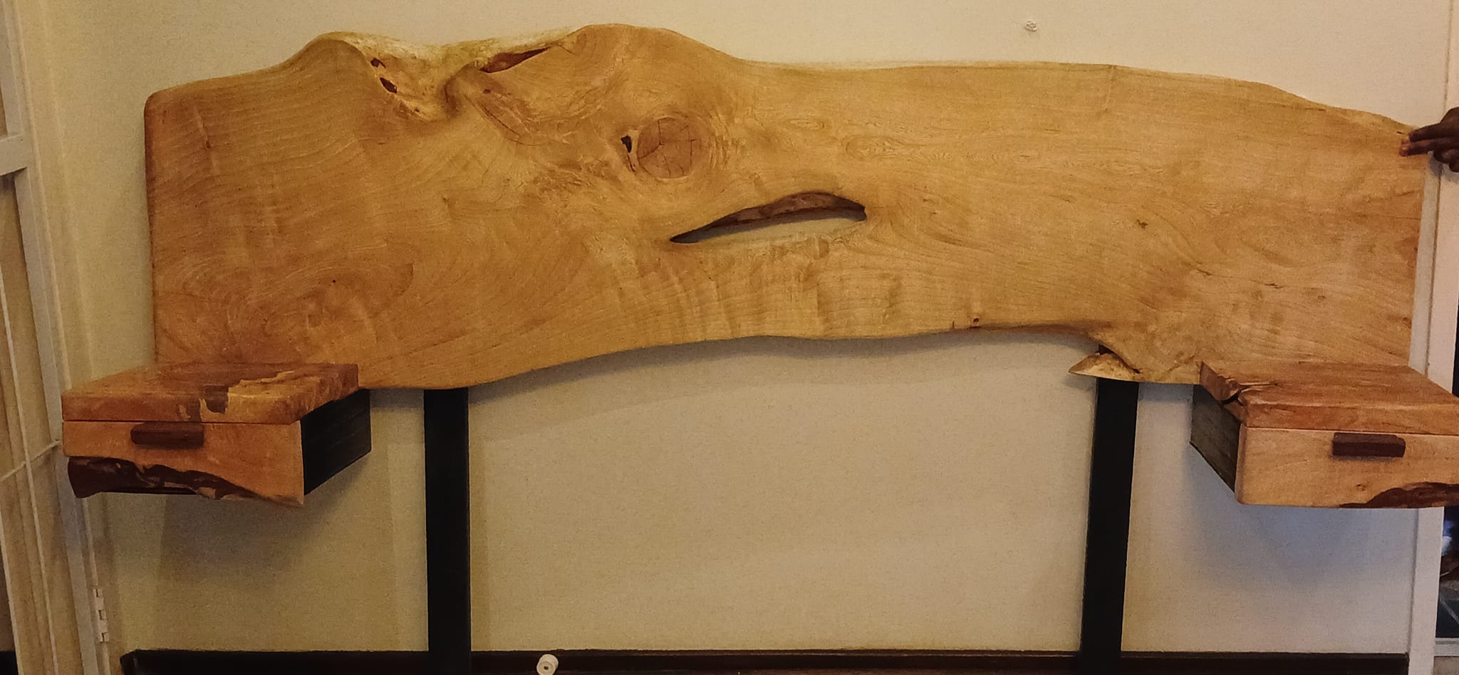 Double bed live edge headboard with floating drawers