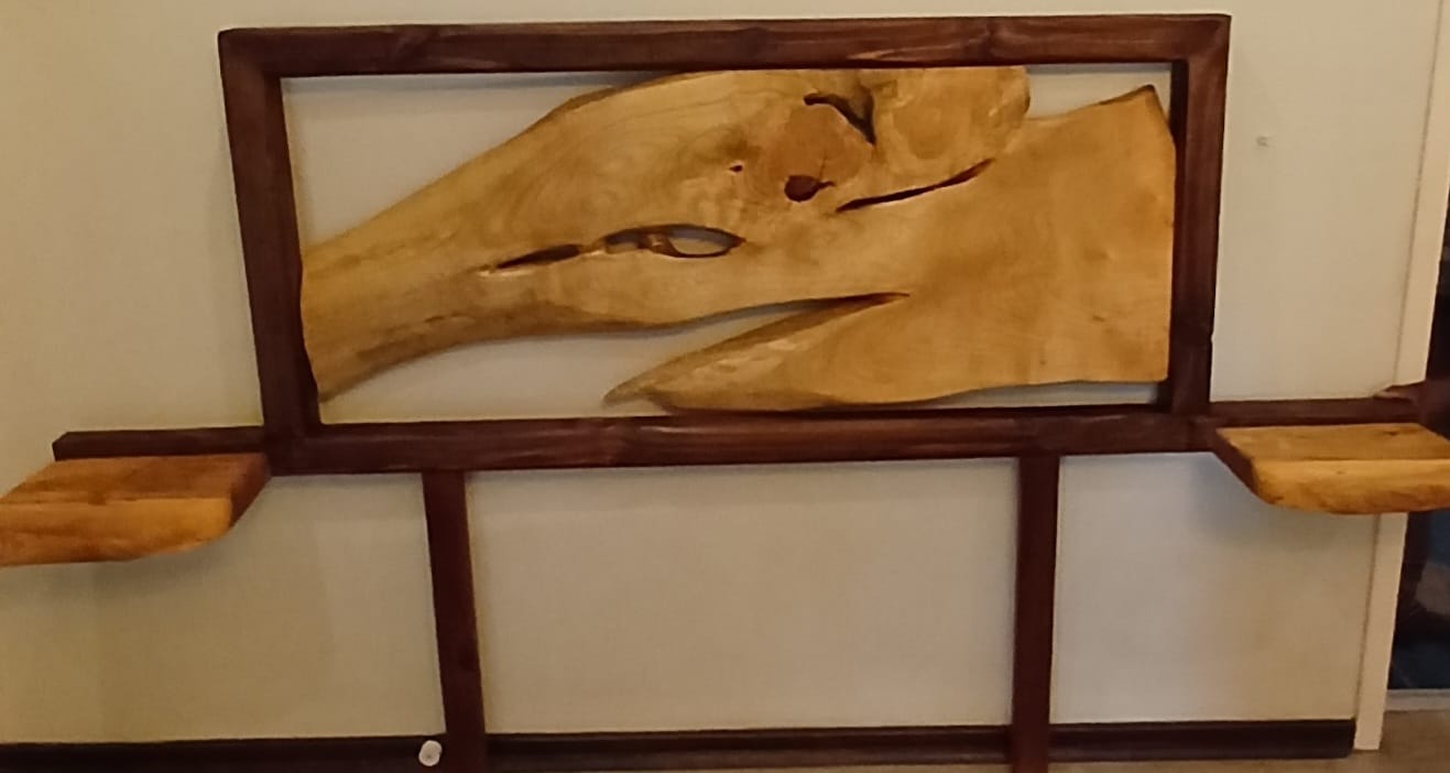 Jacaranda live edge slab double bed headboard with floating shelves — Image 2