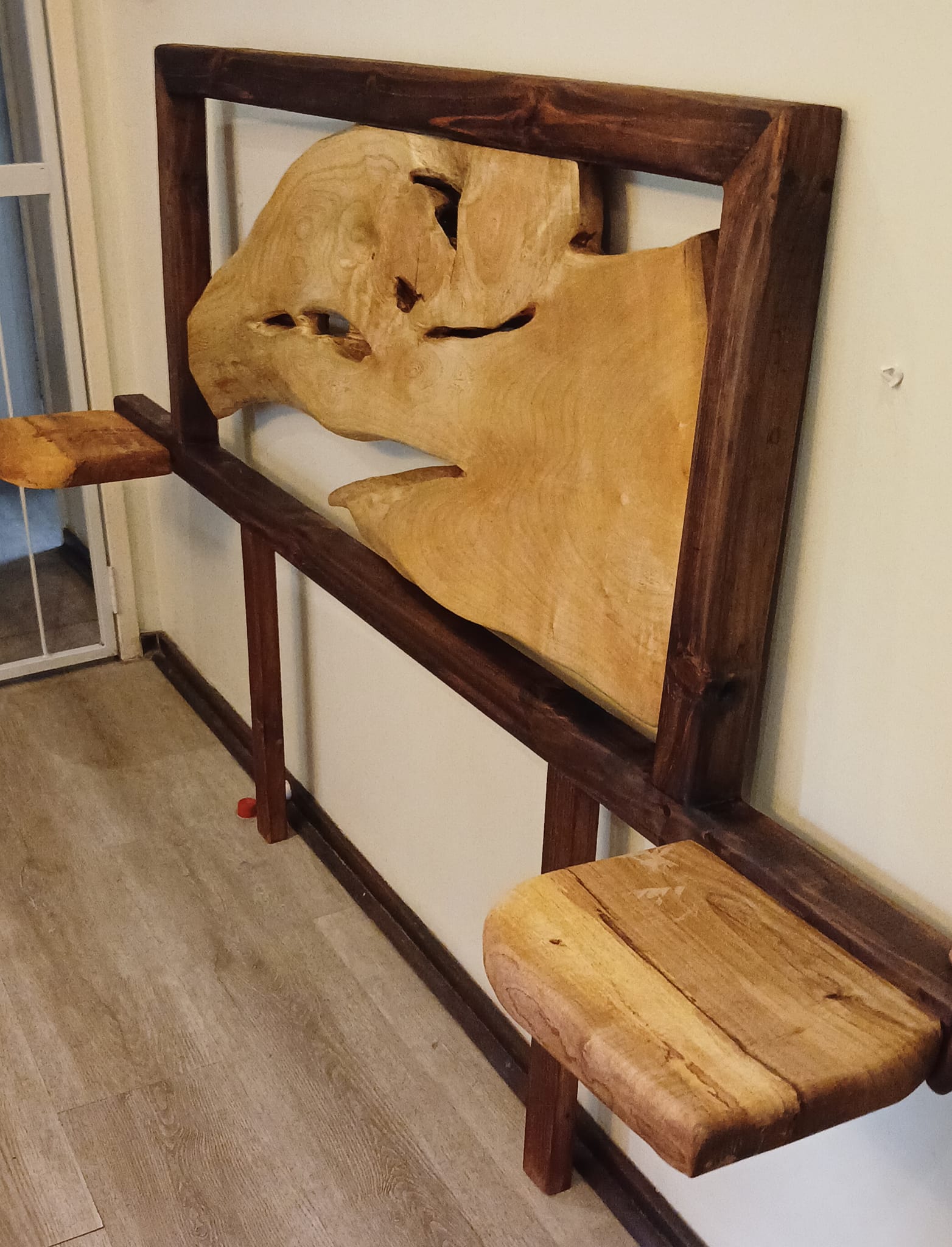 Jacaranda live edge slab double bed headboard with floating shelves — Image 3