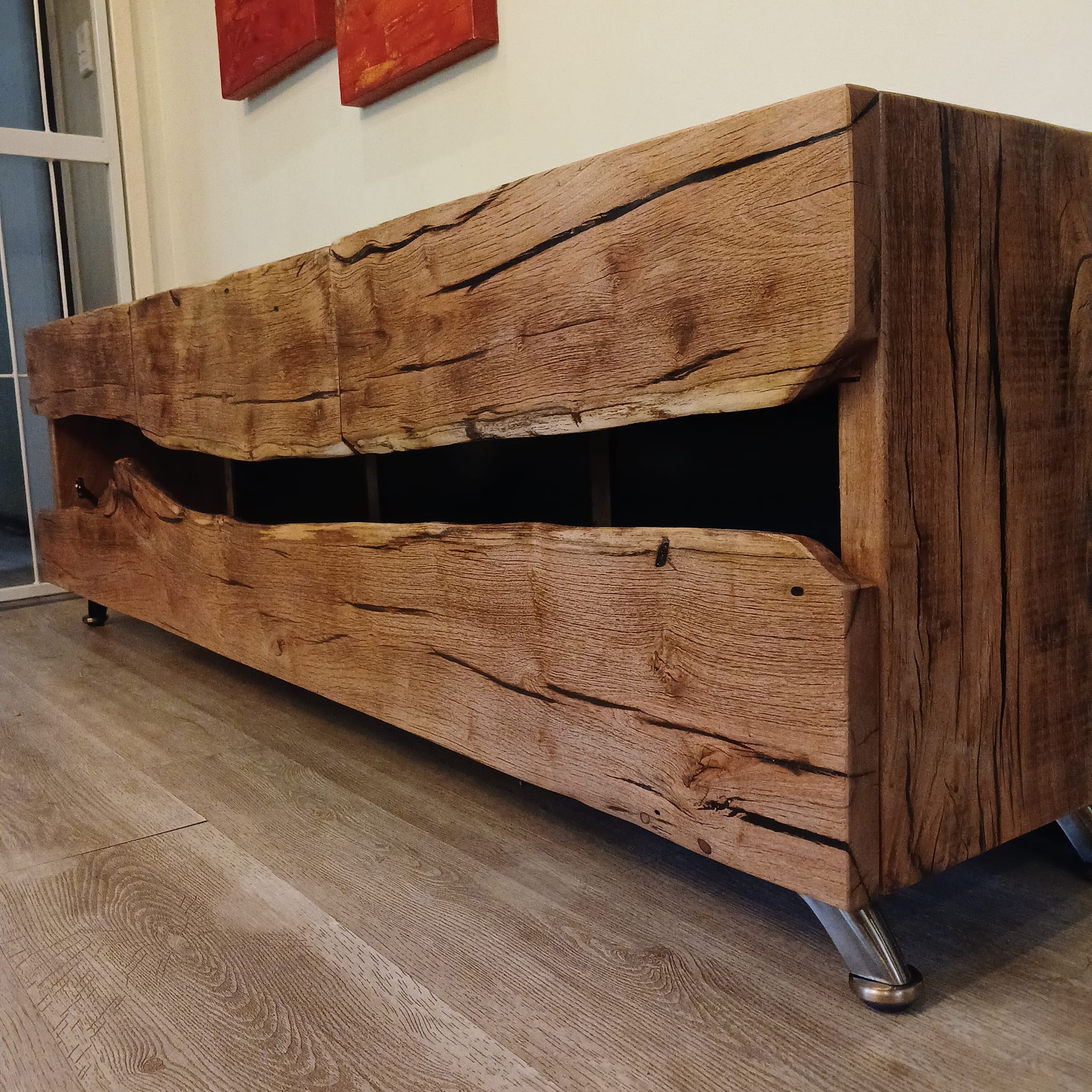 Solid eucalyptus Tv unit with live edge drawers and shelf meeting in a river ... — Image 2