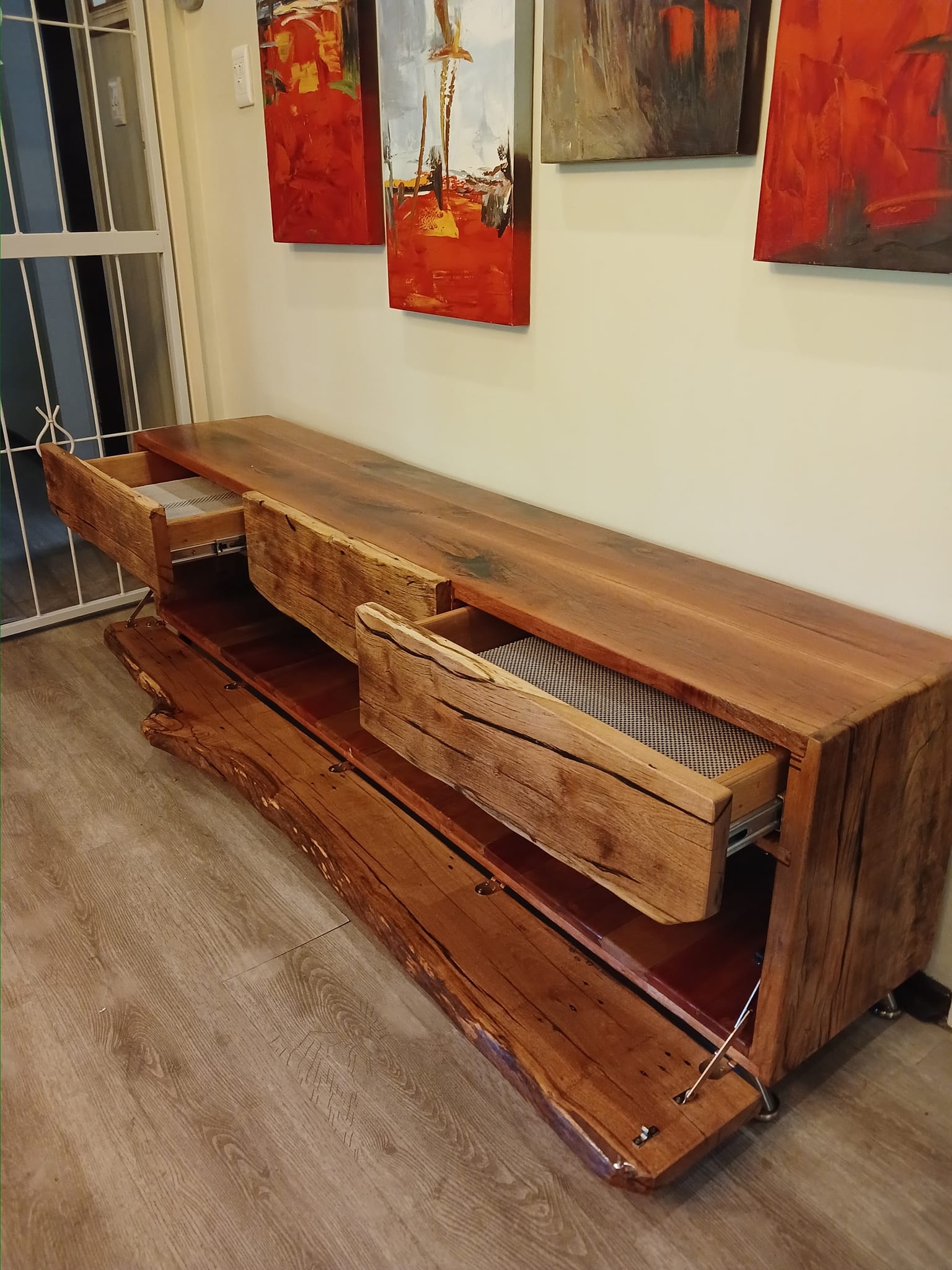 Solid eucalyptus Tv unit with live edge drawers and shelf meeting in a river ... — Image 4