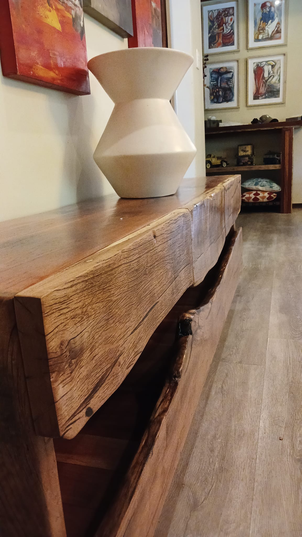 Solid eucalyptus Tv unit with live edge drawers and shelf meeting in a river ... — Image 5
