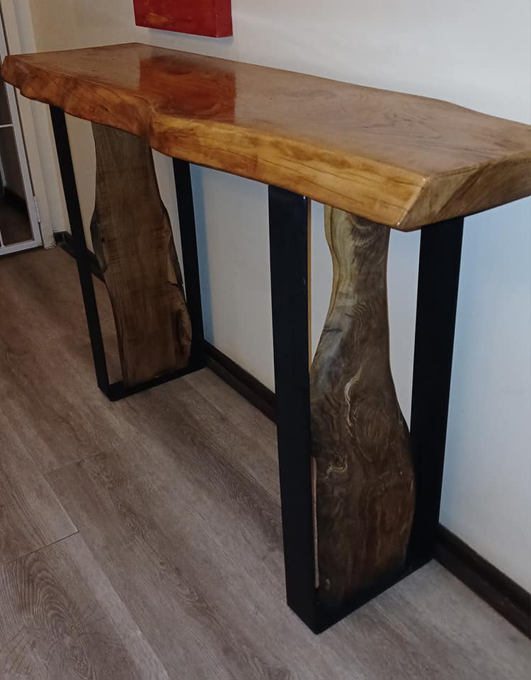 Thick live edge console with custom built steel legs to match the large table... — Image 2