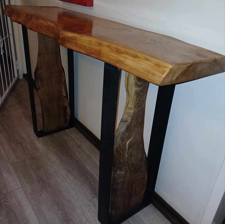 Thick live edge console with custom built steel legs to match the large table... — Image 3