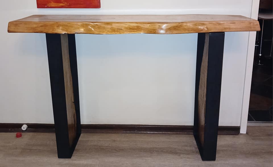 Thick live edge console with custom built steel legs to match the large table... — Image 4