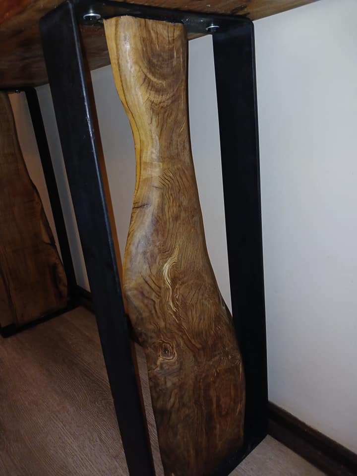 Thick live edge console with custom built steel legs to match the large table... — Image 5