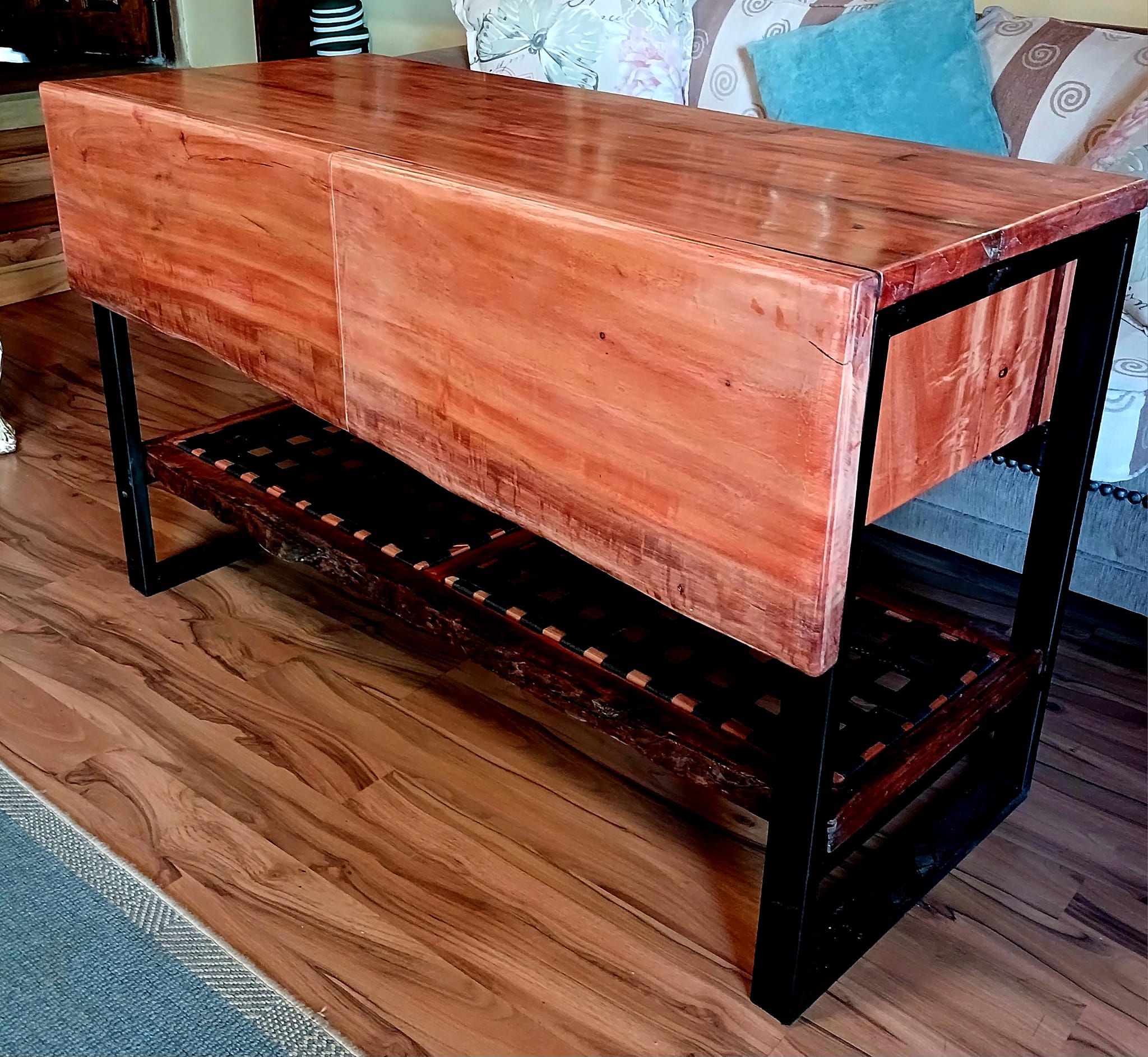 Solid wood and steel entrance table with live edge drawers and woven strap wo...