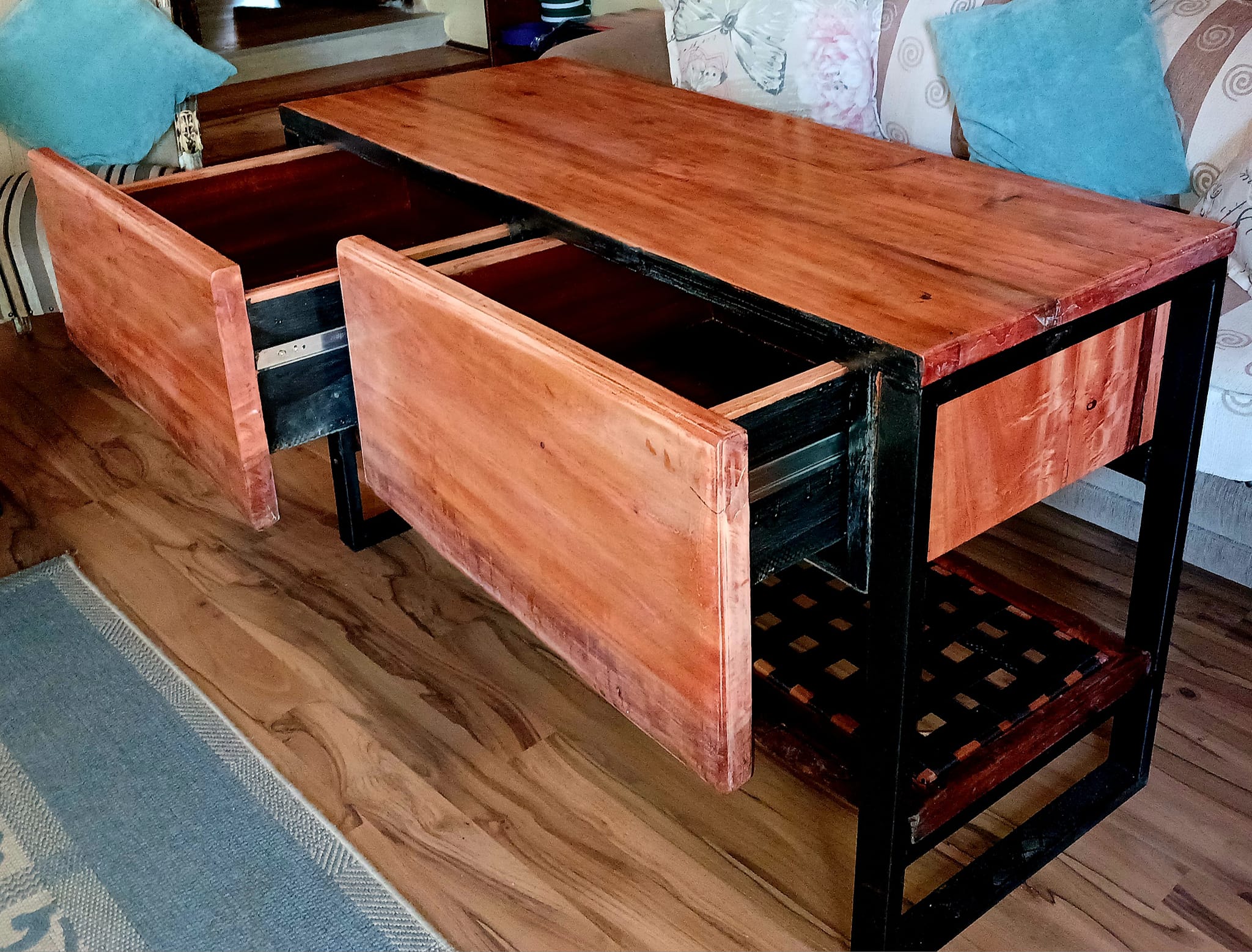 Solid wood and steel entrance table with live edge drawers and woven strap wo... — Image 2