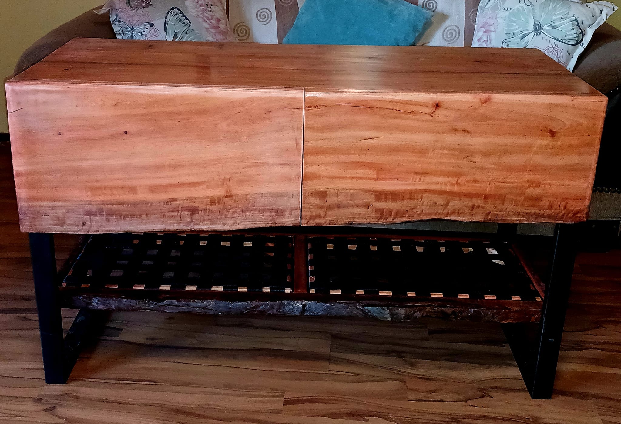 Solid wood and steel entrance table with live edge drawers and woven strap wo... — Image 3