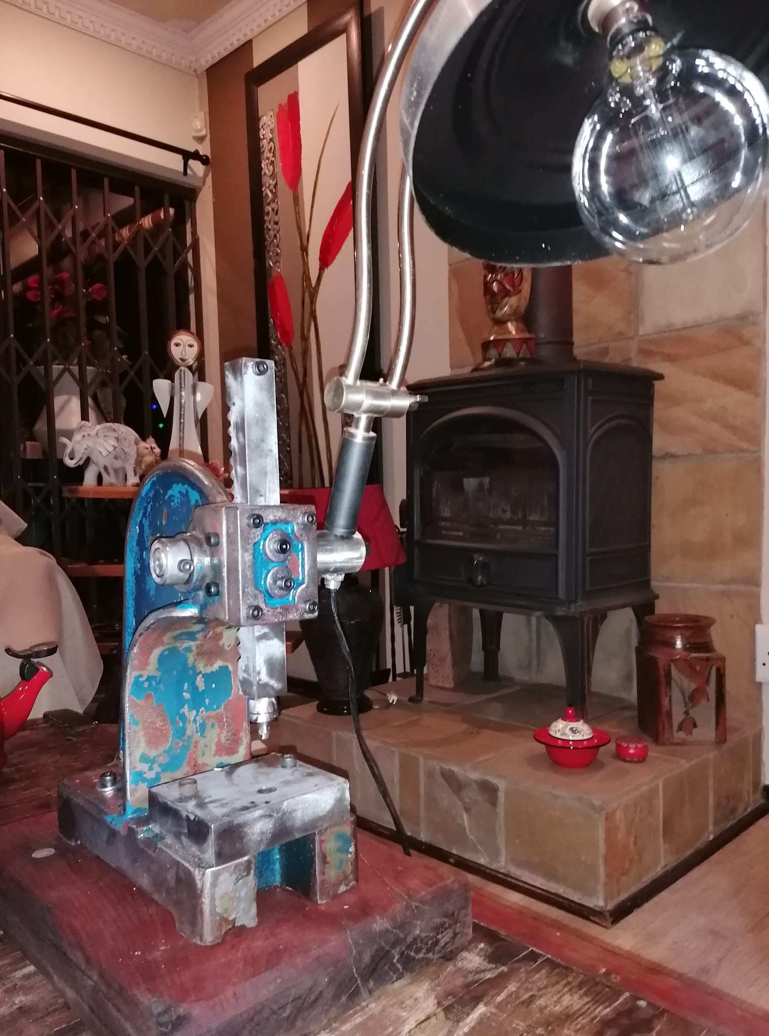 Lamp made from an old cast iron press I found a while ago with a Solid teak base