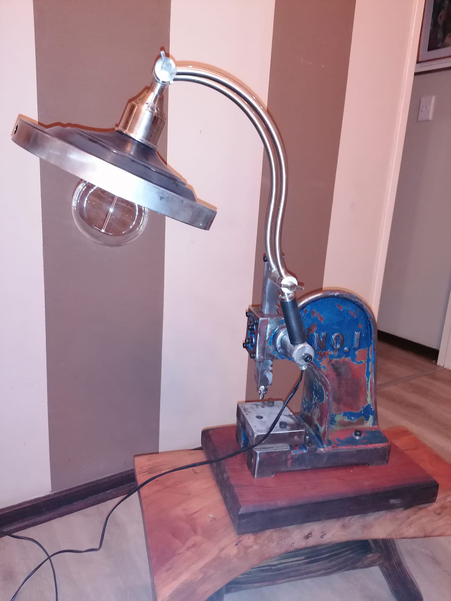 Lamp made from an old cast iron press I found a while ago with a Solid teak base — Image 2