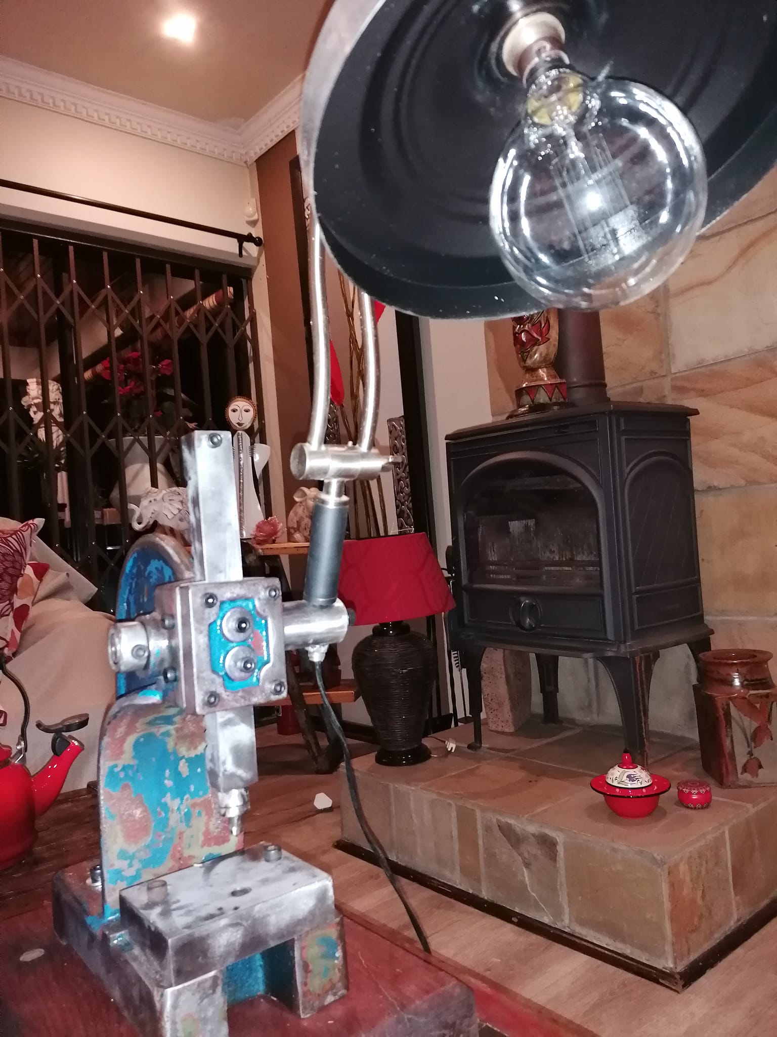 Lamp made from an old cast iron press I found a while ago with a Solid teak base — Image 3