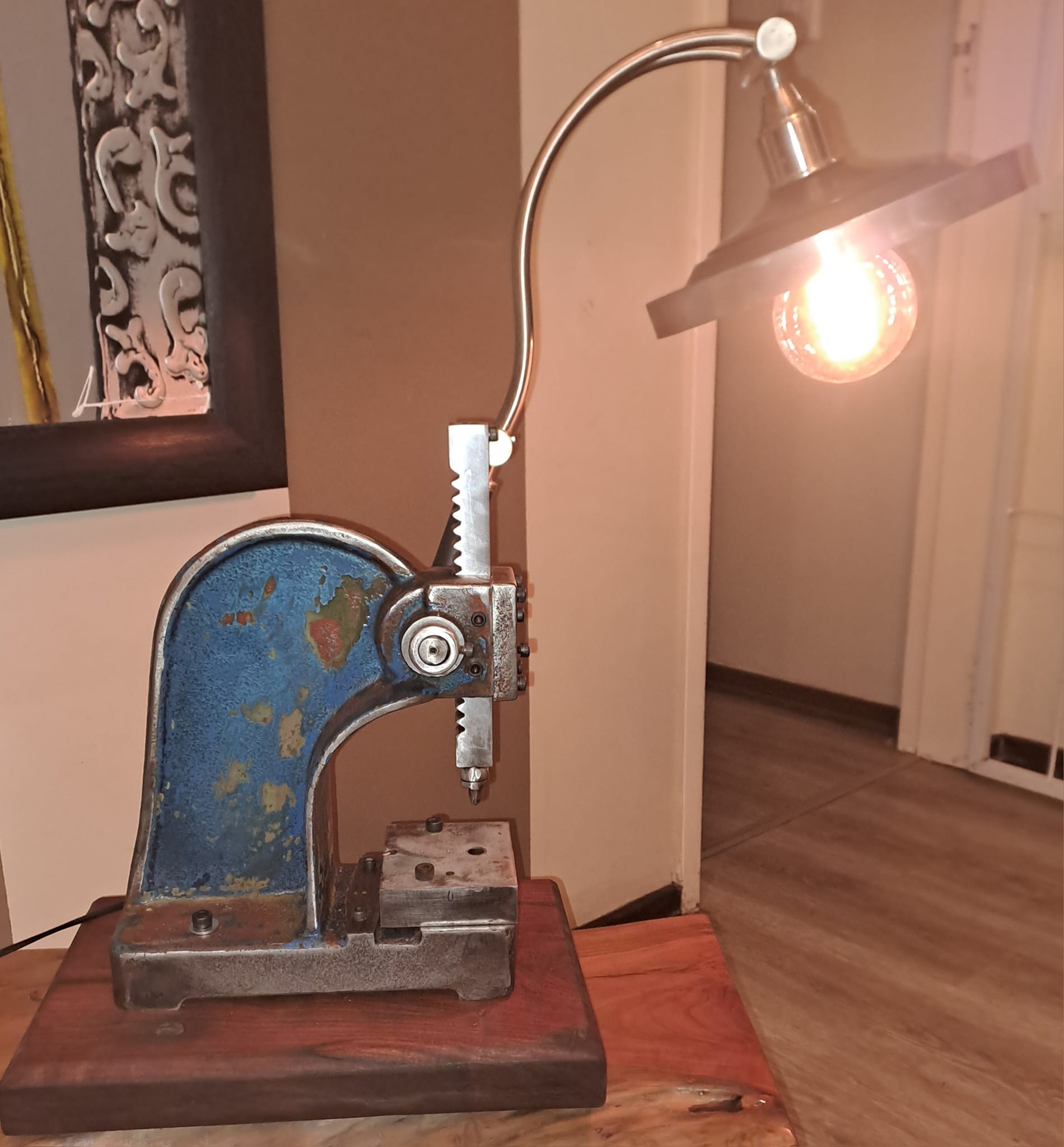 Lamp made from an old cast iron press I found a while ago with a Solid teak base — Image 5