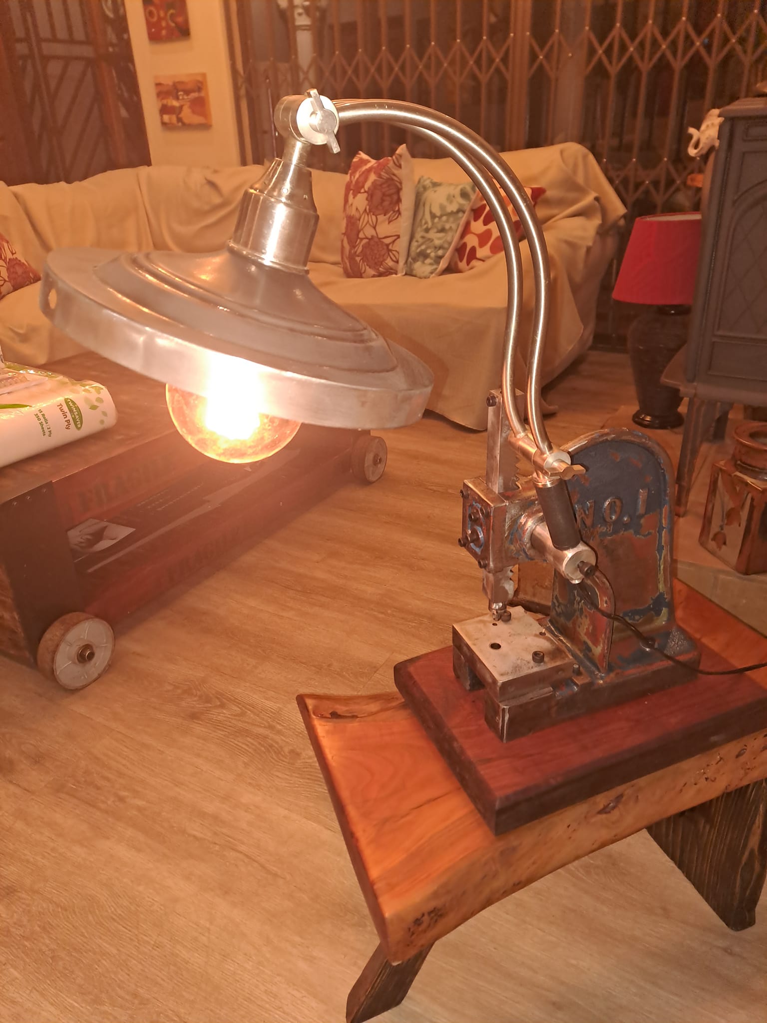 Lamp made from an old cast iron press I found a while ago with a Solid teak base — Image 6