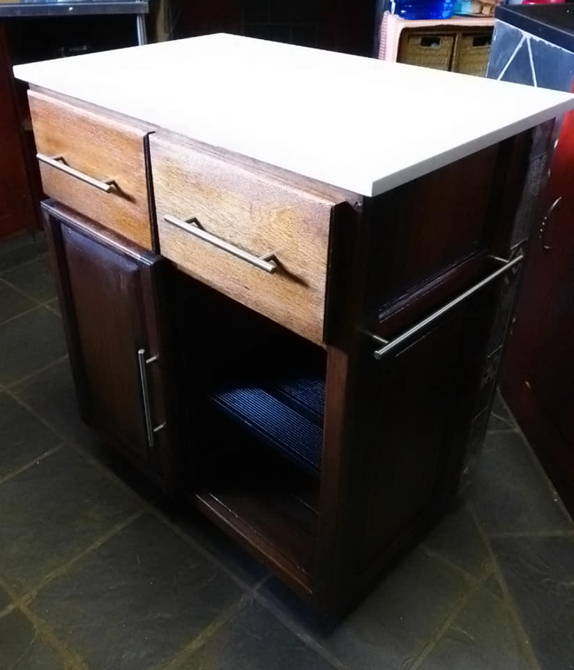 Kitchen island made from solid reclaimed meranti with solid marble top and fu...