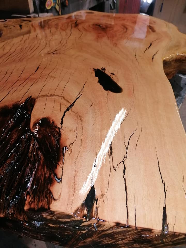 Live edge coffee table with hair pin legs and custom mirror finish — Image 4