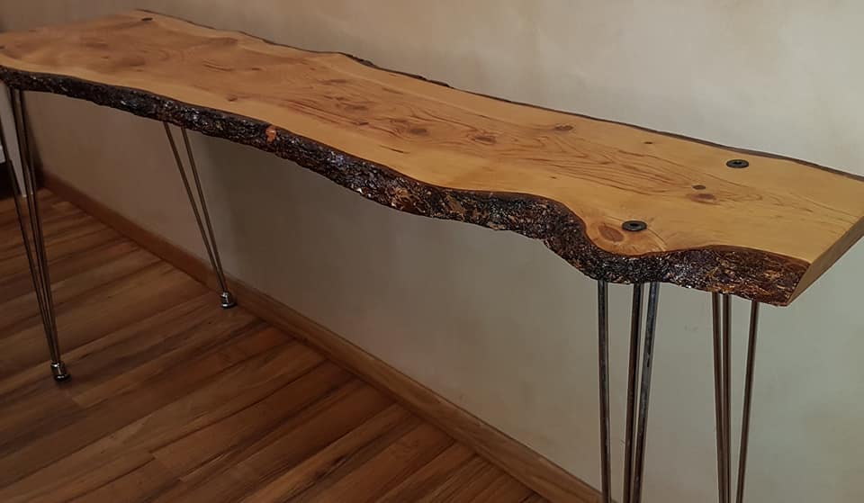 Live edge console with stylish chrome hairpin legs
